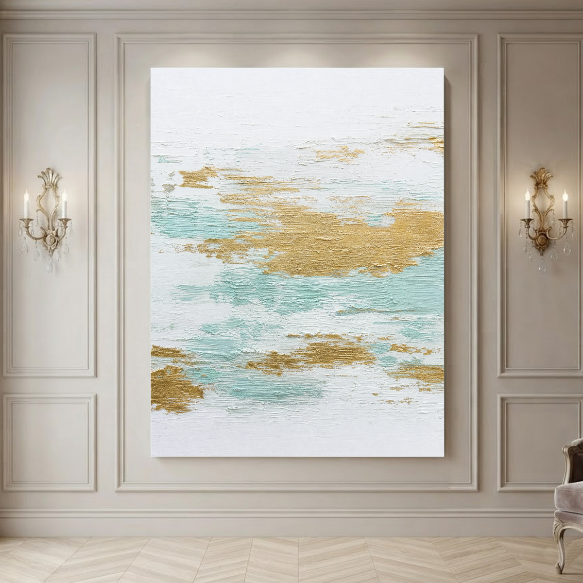 Textured Abstract White Gold Light Teal Vertical Acrylic-Style Wall Art for Living Room