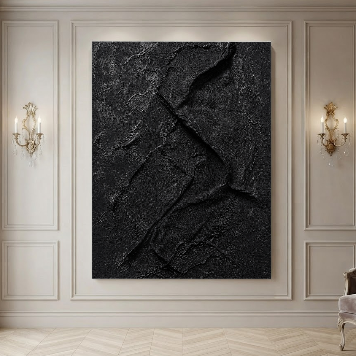 Abstract Black Textured 3D Relief Vertical Wall Art for Living Room
