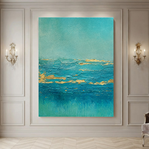 Teal Turquoise Gold Abstract Textured Acrylic Style Vertical Wall Art for Living Room