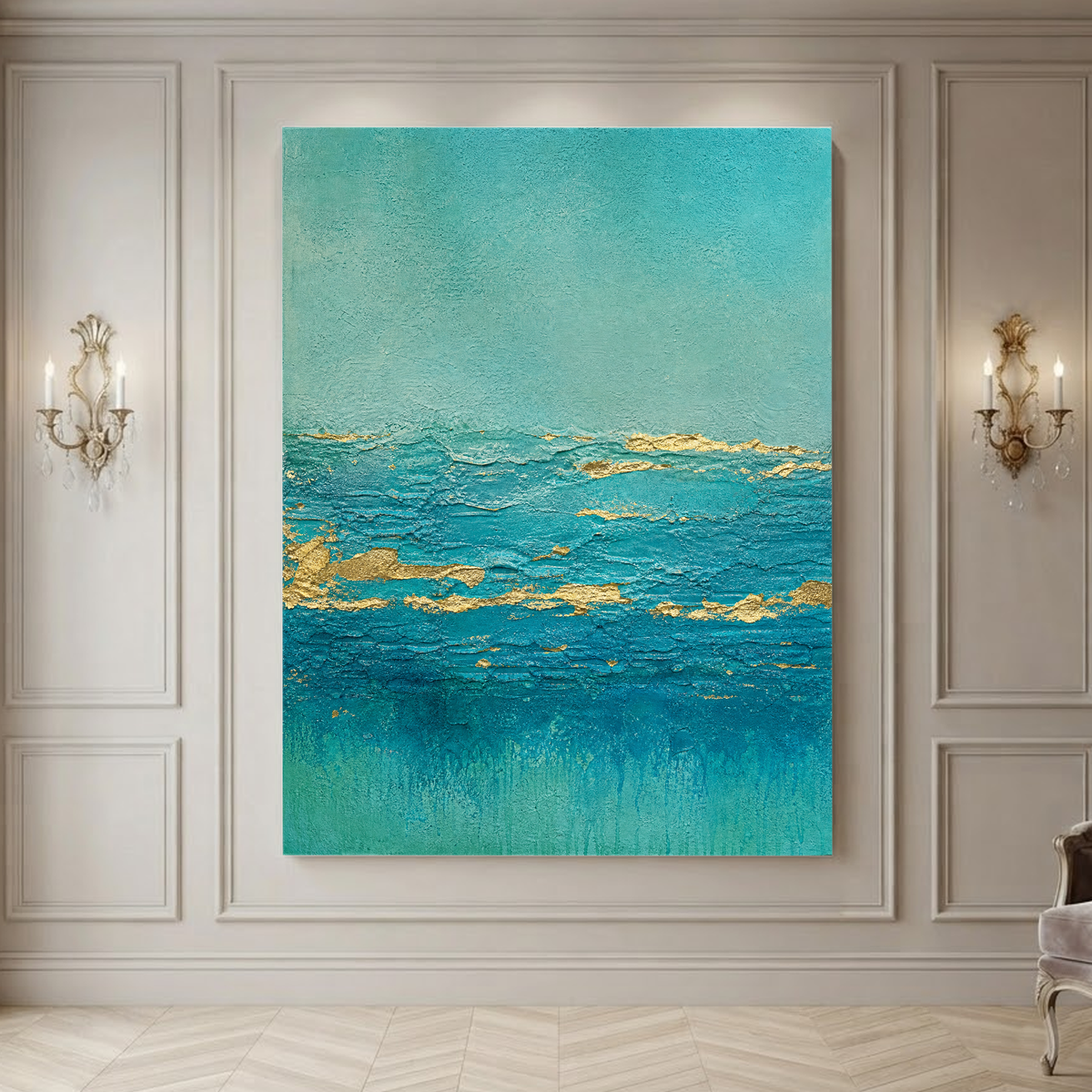 Teal Turquoise Gold Abstract Textured Acrylic Style Vertical Wall Art for Living Room