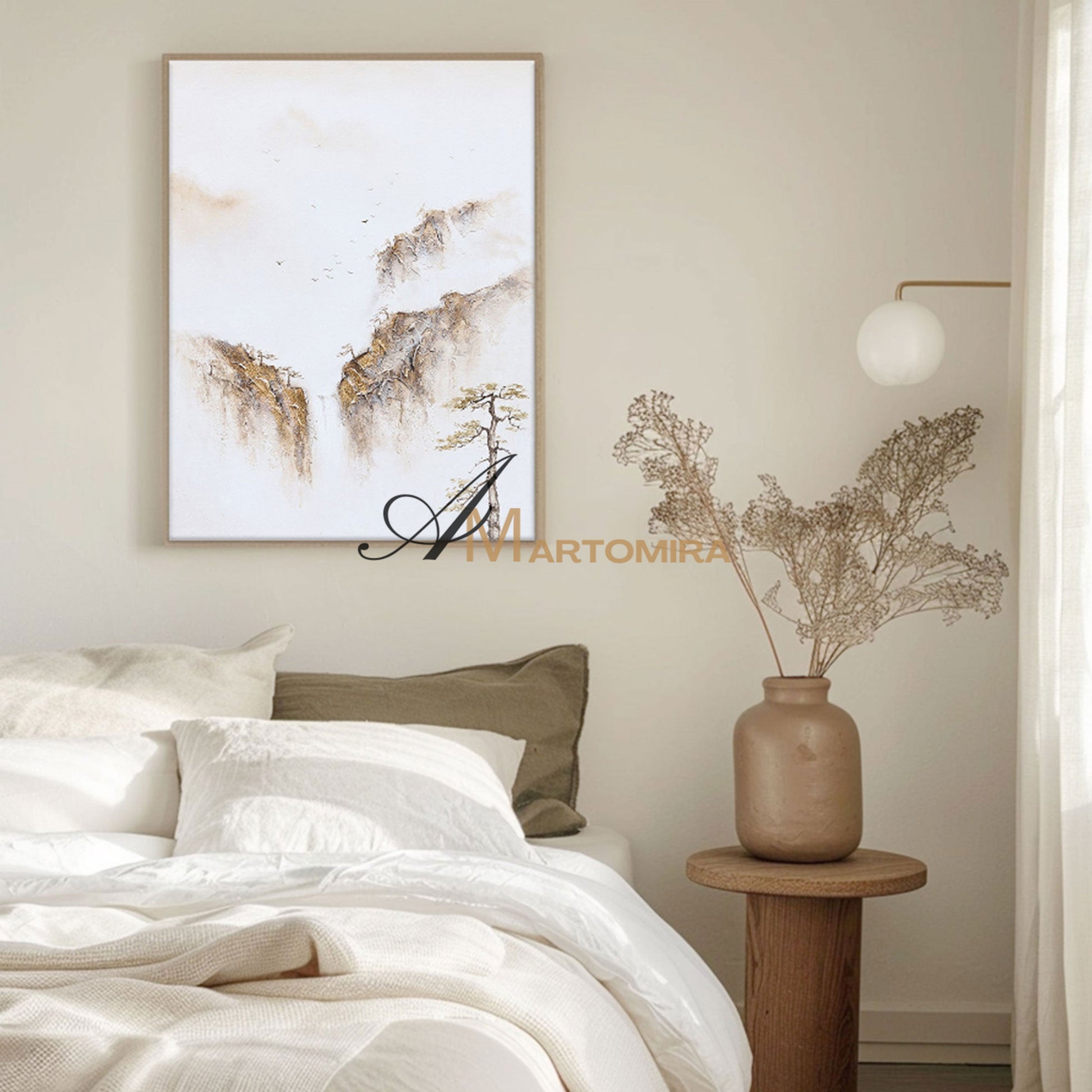 Painting Of The Mountains | Gold White Wall Art | Minimalist Abstract Art | Wabi Sabi Art #DF008