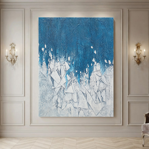 Abstract Geometry And Lines Blue White Textured Plaster-Style Vertical Wall Art For Living Room