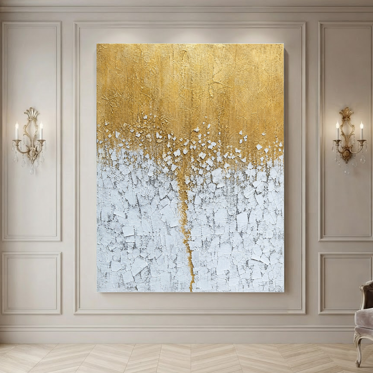 Gold And White Textured Abstract Vertical Wall Art For Living Room