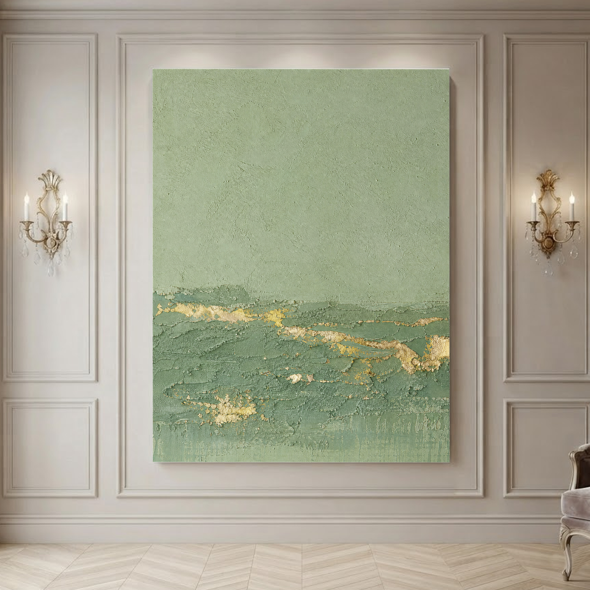Textured Abstract Sage Green And Gold Vertical Acrylic-Style Wall Art For Living Room