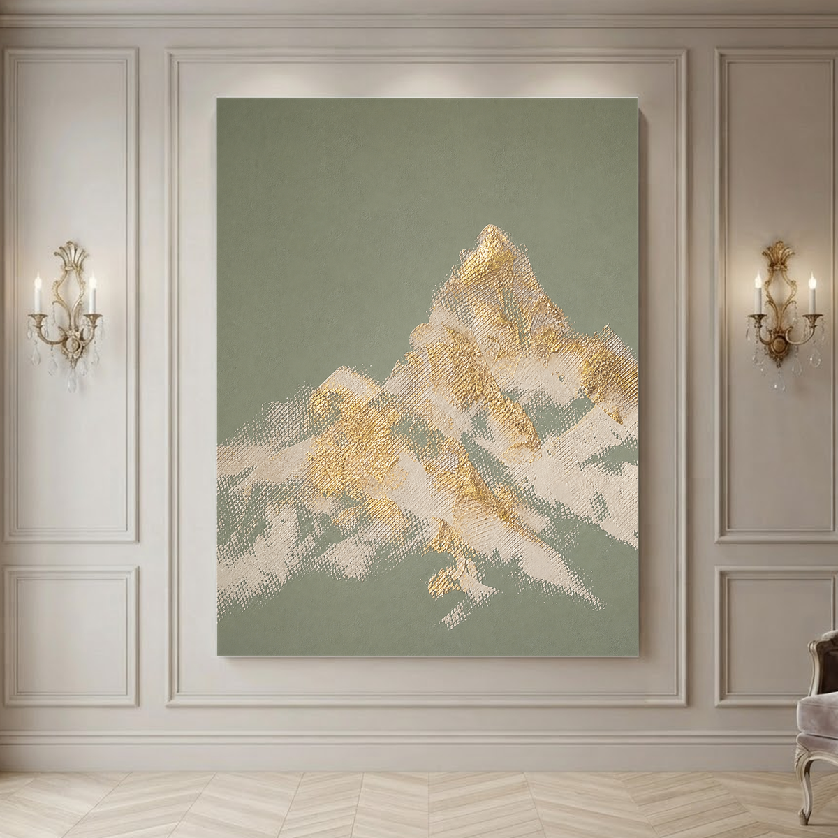 Abstract Textured Sage Green Gold Beige Landscape Vertical Wall Art for Living Room