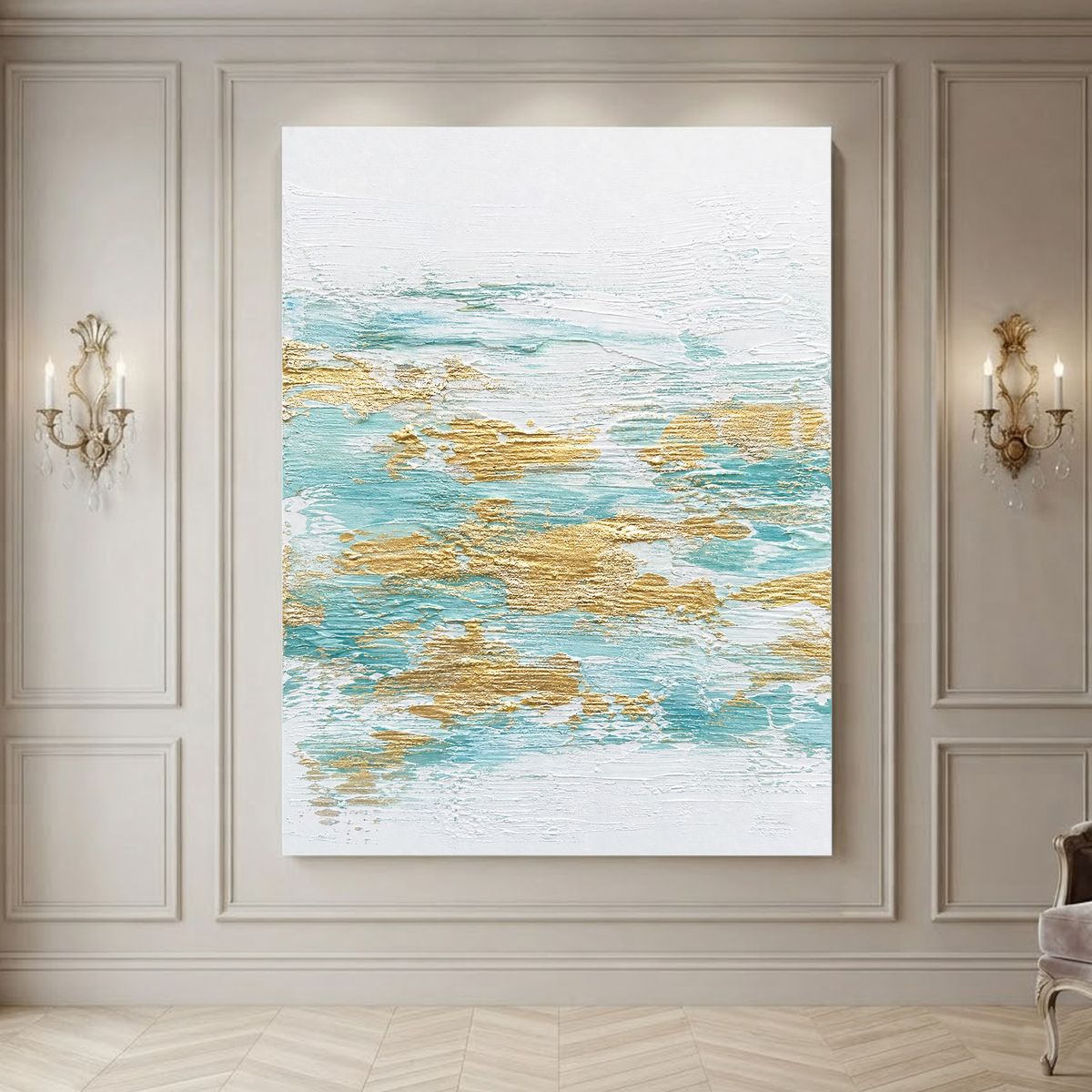 Abstract Turquoise White Gold Textured Contemporary Vertical Wall Art for Living Room