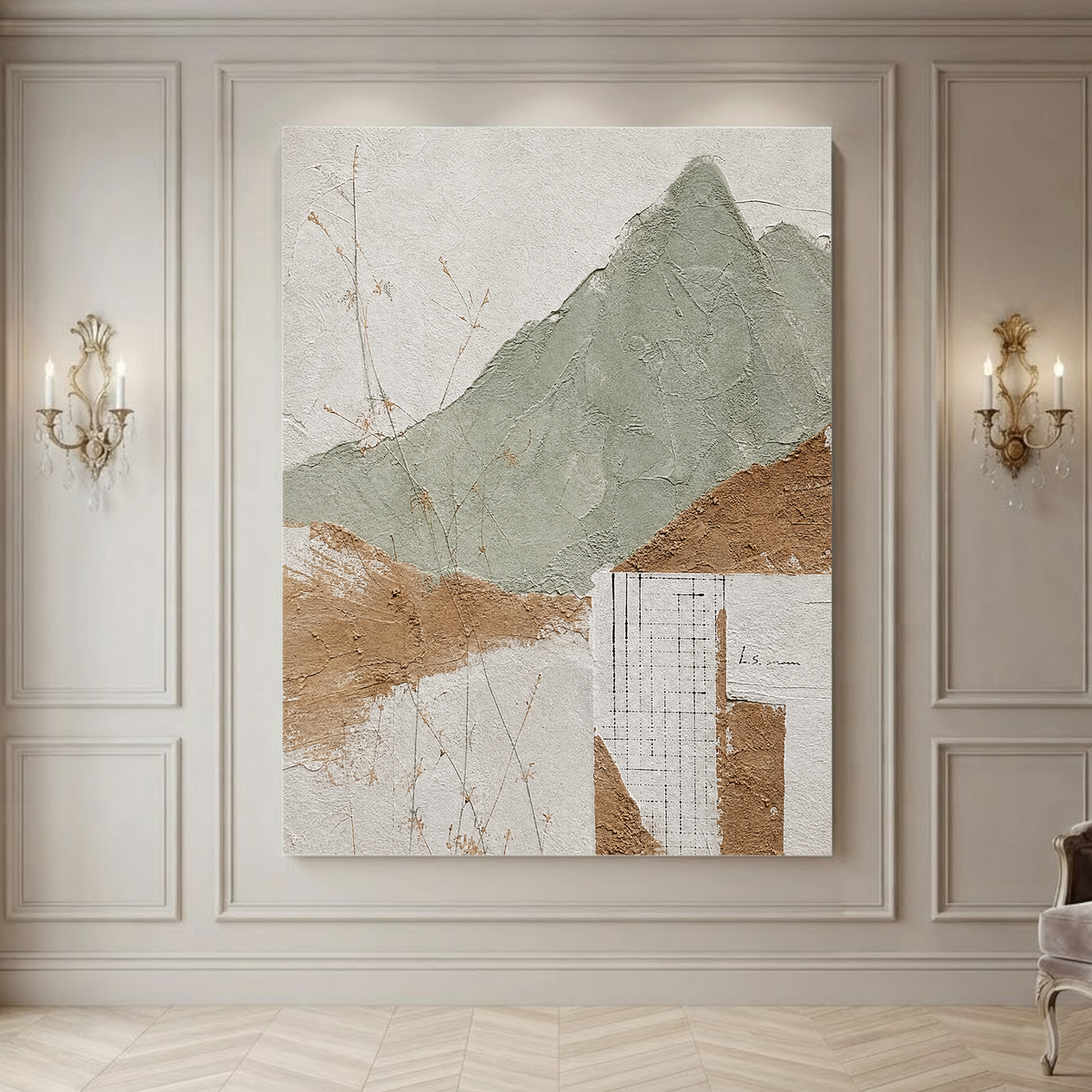 Abstract Sage Green Terracotta Off White Textured Acrylic-style Vertical Landscape Wall Art for Living Room